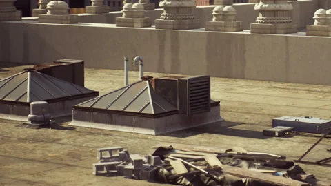 Rooftop Scene With Urban Elements and Construction Materials Under a Clear Sky Video stock 344953694