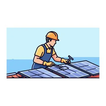 Rooftop solar panel installation worker illustration with a worker in a hard Stock Illustration