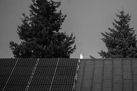 Rooftop solar panels on house with trees Stock Photos