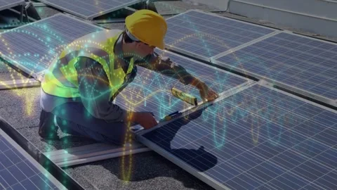 Rooftop tech placing level, aligning solar panels, animated waves overlaying Stock Footage 333575521