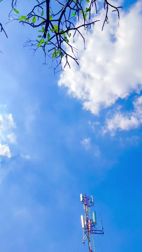 Rooftop Telecommunication Tower and Dish Aerials on Bright Blue Sky with Light Stock Footage 340897186