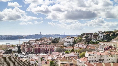 Rooftop timelapse of Lisbon skyline with 25th of April Bridge. Portugal. 스톡 동영상 79813546