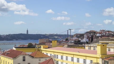 Rooftop timelapse of the Lisbon skyline with 25th of April Bridge. Portugal 스톡 동영상 79813656
