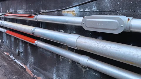 Rooftop Utility Conduits Along Parapet with Urban Railway View NY USA 03/12,2026 Video stock 330668099