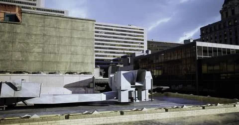 Rooftop ventilation system on a commercial building in an urban environment Ilustración de archivo