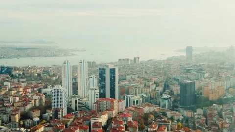 Rooftop view of ancient Turkish district, Bosphorous Strait in Instanbul Stock Footage 201412554