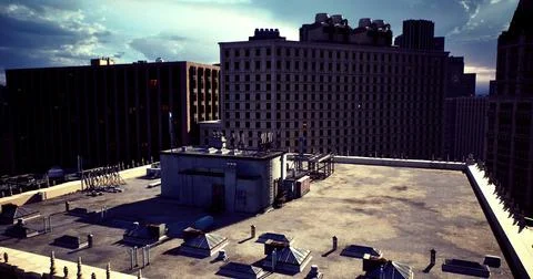 Rooftop view in a bustling city during the evening hours Stock Illustration