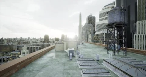 Rooftop view of a bustling city skyline at sunrise featuring water towers Stock Illustration
