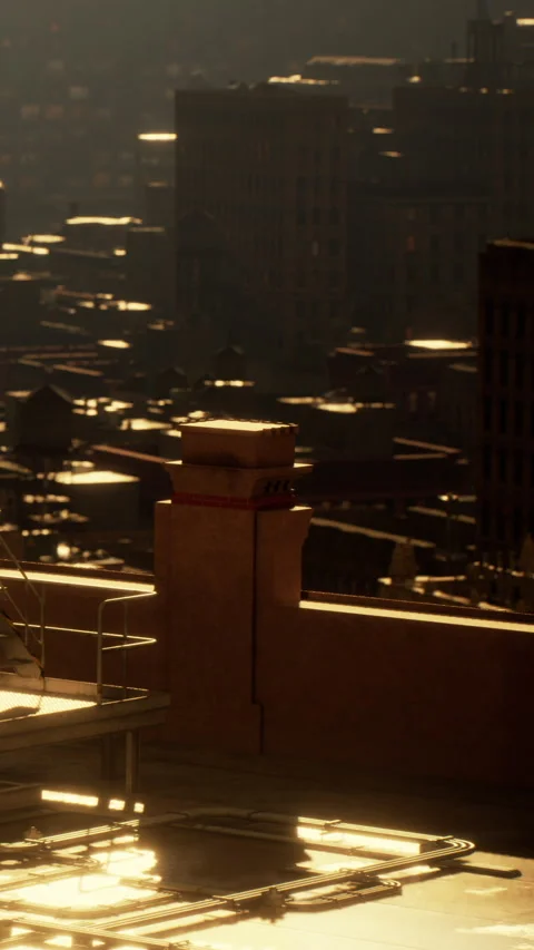Rooftop view of city skyline during sunset with golden light Stock Footage 338414074