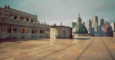 Rooftop view of city skyline featuring historic and modern architecture Ilustración de archivo