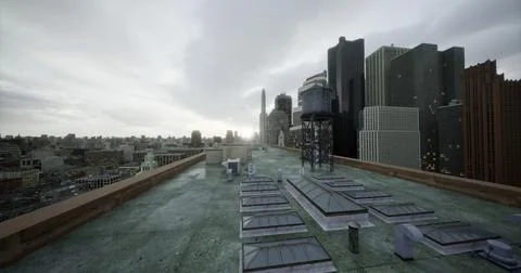 Rooftop view of city skyline at sunset with clouds and buildings Ilustración de archivo
