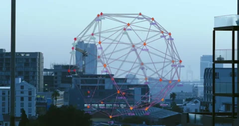 Rooftop view at dawn, 3D network sphere appearing, rotating pulsing nodes, Stock Footage 313773666