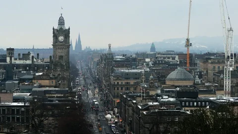 Rooftop view of Edinburgh under the snow downtown Stock Footage 128277521