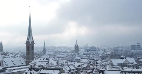 Rooftop view from ETH University terrace of snow covered Zurich Stock Footage 146884355