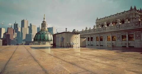 Rooftop view of historical architecture and modern skyline Illustrazione stock