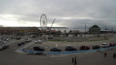 Rooftop view looking out at the downtown Seattle area by Pier 54 at Elliott Bay. Stock Footage 122213438