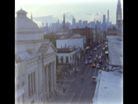 Rooftop view of Manhattan Ave, Greenpoint, Brooklyn. 8mm film footage. Video stock 75255152