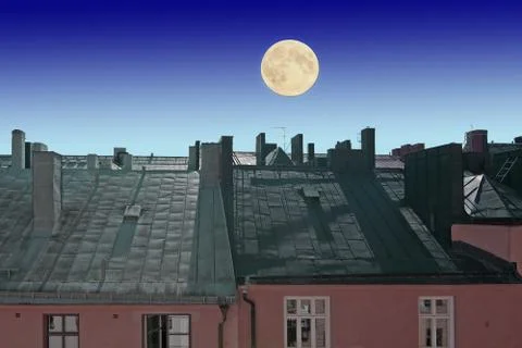 Rooftop view with moon Stock Photos