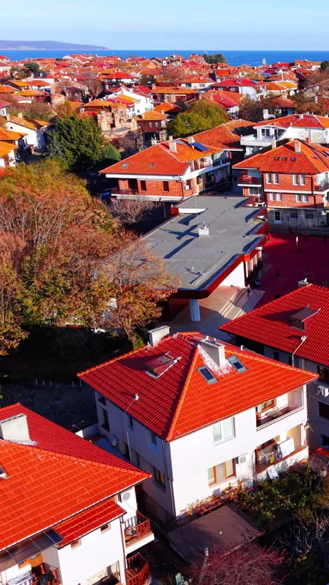 Rooftop view over historic town of Nessebar, Bulgaria Vertical video. Stock-Footage 342930178