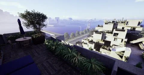 Rooftop view over modern cityscape with river and greenery in daylight Ilustração Stock