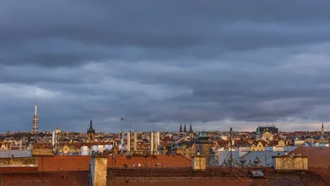Rooftop view of Prague during sunset. Stock Footage 144476961
