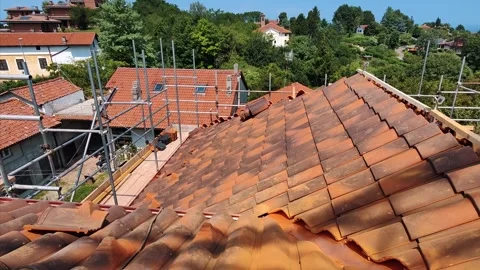 Rooftop View of a Residential Area with Scaffolding during Renovation. The Stock Footage 306179639
