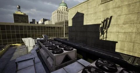 Rooftop view showcasing city skyline with ventilation units and shadows Stock Illustration