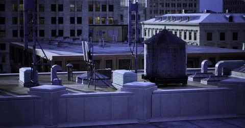 Rooftop view of urban architecture during twilight in a bustling city Ilustración de archivo