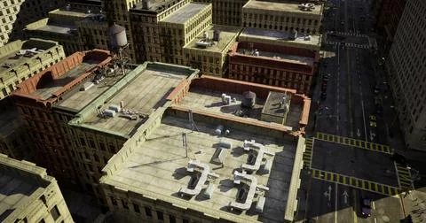 Rooftop view of urban architecture showcasing various building designs Ilustración de archivo