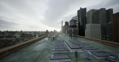 Rooftop view of an urban skyline during cloudy weather in late afternoon Stock Illustration