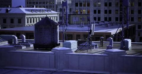 Rooftop view of urban structures at dusk with city lights in the background Stock Illustration