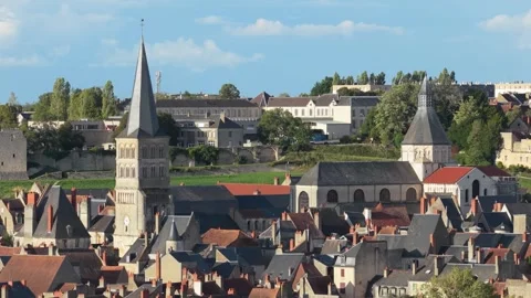 The rooftops and historic architecture in the center of La Charite-sur-Loire Stock Footage 346720013