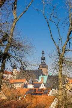 Rooftops in front of the tower of St. Andreas church in Eisleben Foto stock