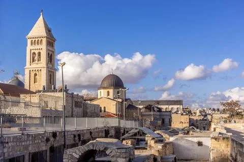 The rooftops of Jerusalem Old City, with the tower of Lutheran Church of the Stock Photos