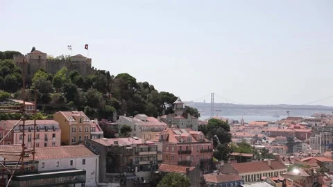 Rooftops of Lisbon and Sao Jorge Castle Stock Footage 136579449