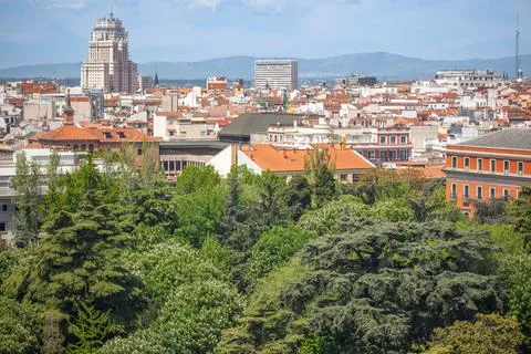 Rooftops of Madrid with Mountains in the Background Stock Photos