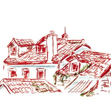 Rooftops of mediterranean city, split, croatia, travel sketch Ilustración de archivo