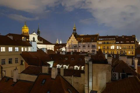 Rooftops of old Prague from high view point at night. Stock Photos