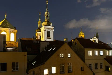 Rooftops of old Prague from high view point at night. Stock Photos