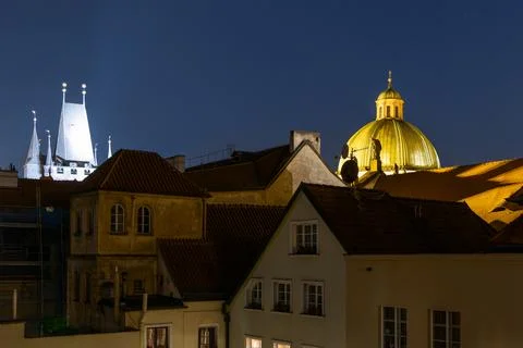 Rooftops of old Prague from high view point at night. Stock Photos