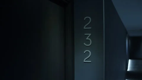 Room 232 in a dark hotel corridor Stock Footage 300583985