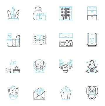 Room accessories linear icons set. Cushions, Rugs, Curtains, Lighting, Mirrors 스톡 일러스트