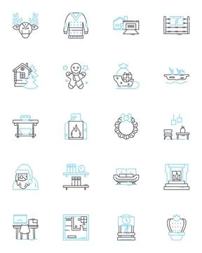 Room accessories linear icons set. Cushions, Rugs, Curtains, Lighting, Mirrors 스톡 일러스트