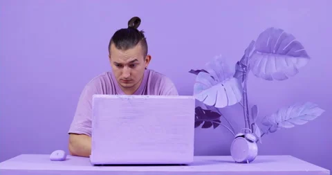 Room and objects in the same lilac color. Office in monochrome minimalist style. Stock Footage 196653226