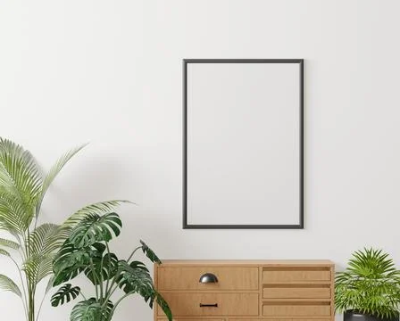 Room and the white wall background, wooden cabinet and tree , minimal style , Stock Illustration