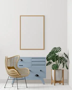 Room and the white wall background, blue cabinet and tree , minimal style ,fr Stock Illustration