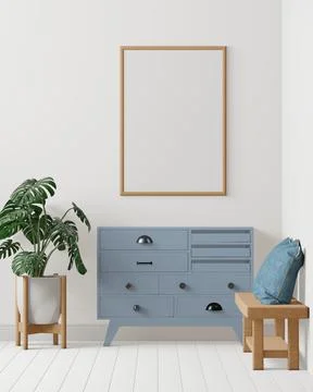 Room and the white wall background, blue cabinet and tree , minimal style ,fr Stock Illustration
