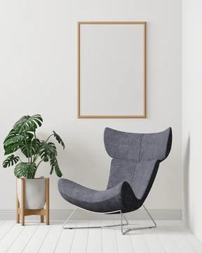 Room and the white wall background, chair and tree , minimal style ,frame for Stock Illustration
