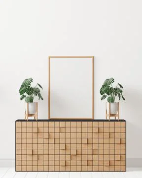 Room and the white wall background, wooden cabinet and tree , minimal style , Stock Illustration
