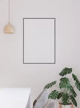 Room and the white wall background, tree and table , minimal style ,frame for Stock Illustration